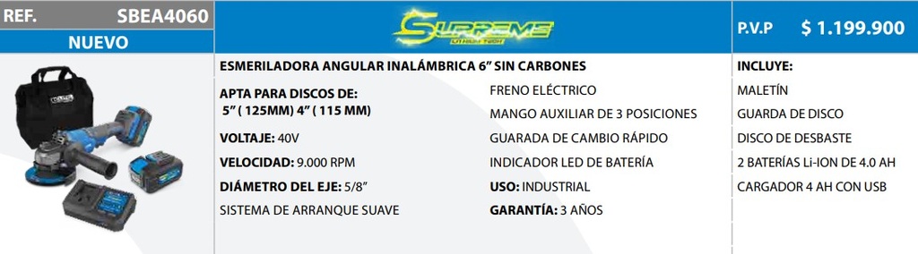 PULIDORA INALAMBRICA SIN ESCOBILLAS 6" 40V , 9000RPM INCLUYE 2 BATERIAS 40V + 4AH +CARGADOR 