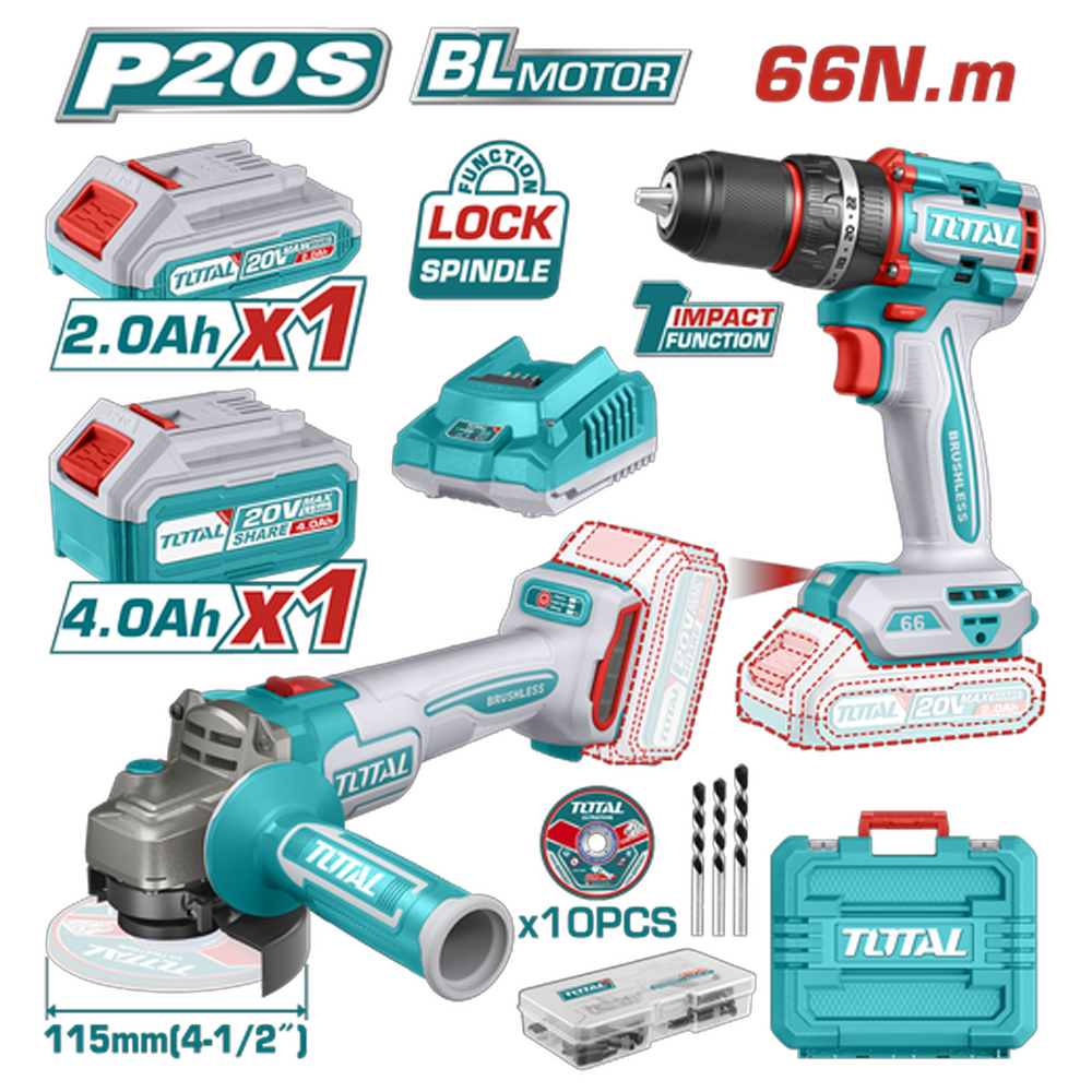 COMBO INALAMBRICO  TALADRO 1/2" 20V 66NM + PULIDORA 4 1/2" INCLUYE 2 BATERIAS 20V(4.0AH), CARGADOR 20V, 10 DISCOS DE CORTE Y ACCESORIOS TOTAL (UTCKLI20273)
