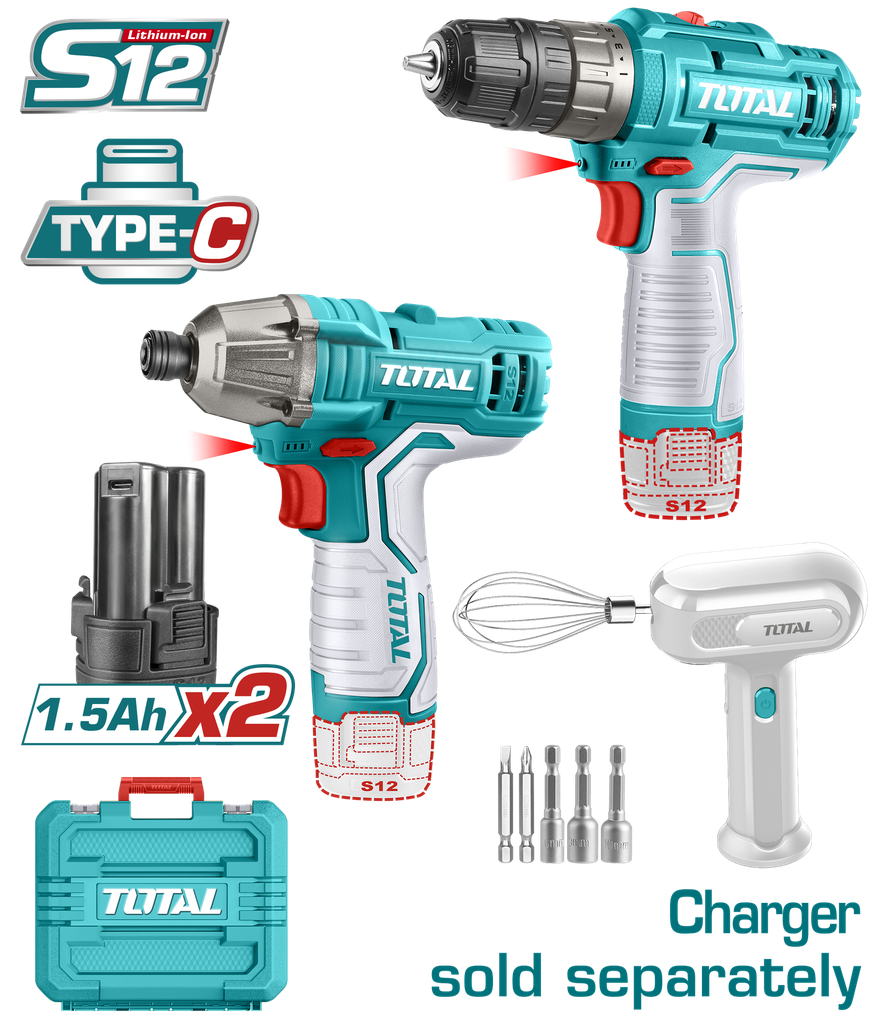 COMBO INALAMBRICO ATORNILLADOR DE IMPACTO  + TALADRO 3/8"  INCLUYE 6 ACCESORIOS  + DOS BATERIAS 1.5AH + BATIDORA CARGADOR SE VENDE POR SEPARADO TOTAL (TOSLI240205)