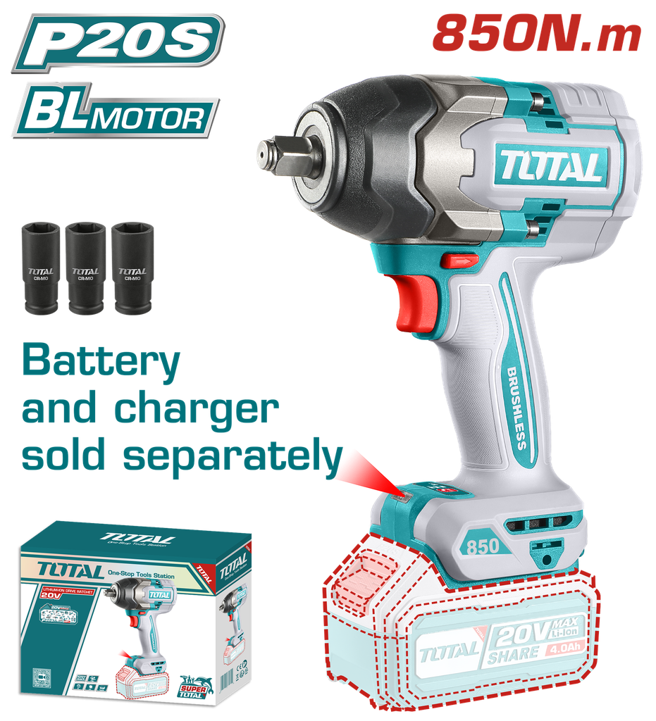 PISTOLA IMPACTO INALAMBRICO 1/2 20V 850 N.M BATERIA Y CARGADOR SE VENDEN POR SEPARADO SUPER TOTAL (TIWLI20851)