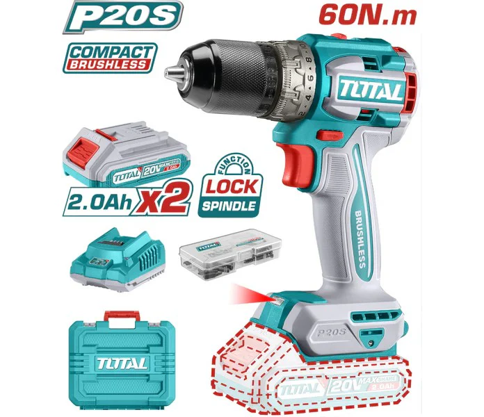 TALADRO ATORNILLADOR INALAMBRICO 1/2 20V 60NM INCLUYE 2 BATERIA DE 2.0AH, CARGADOR,47 ACCESORIOS TOTAL (UTDLI20602)