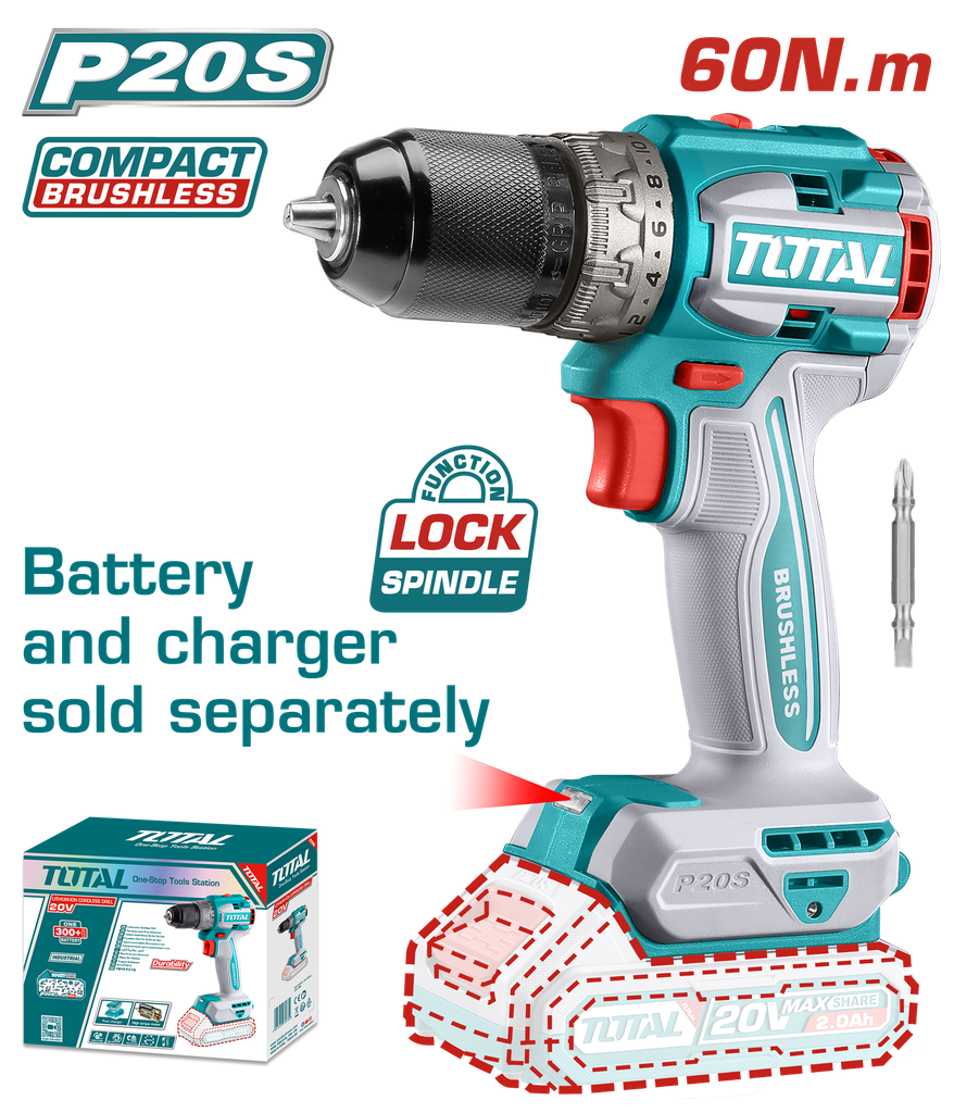 TALADRO INALAMBRICO 1/2 20V 60N.M CARGADOR Y BATERIA NO INCLUIDO SUPER TOTAL (TDLI206021)