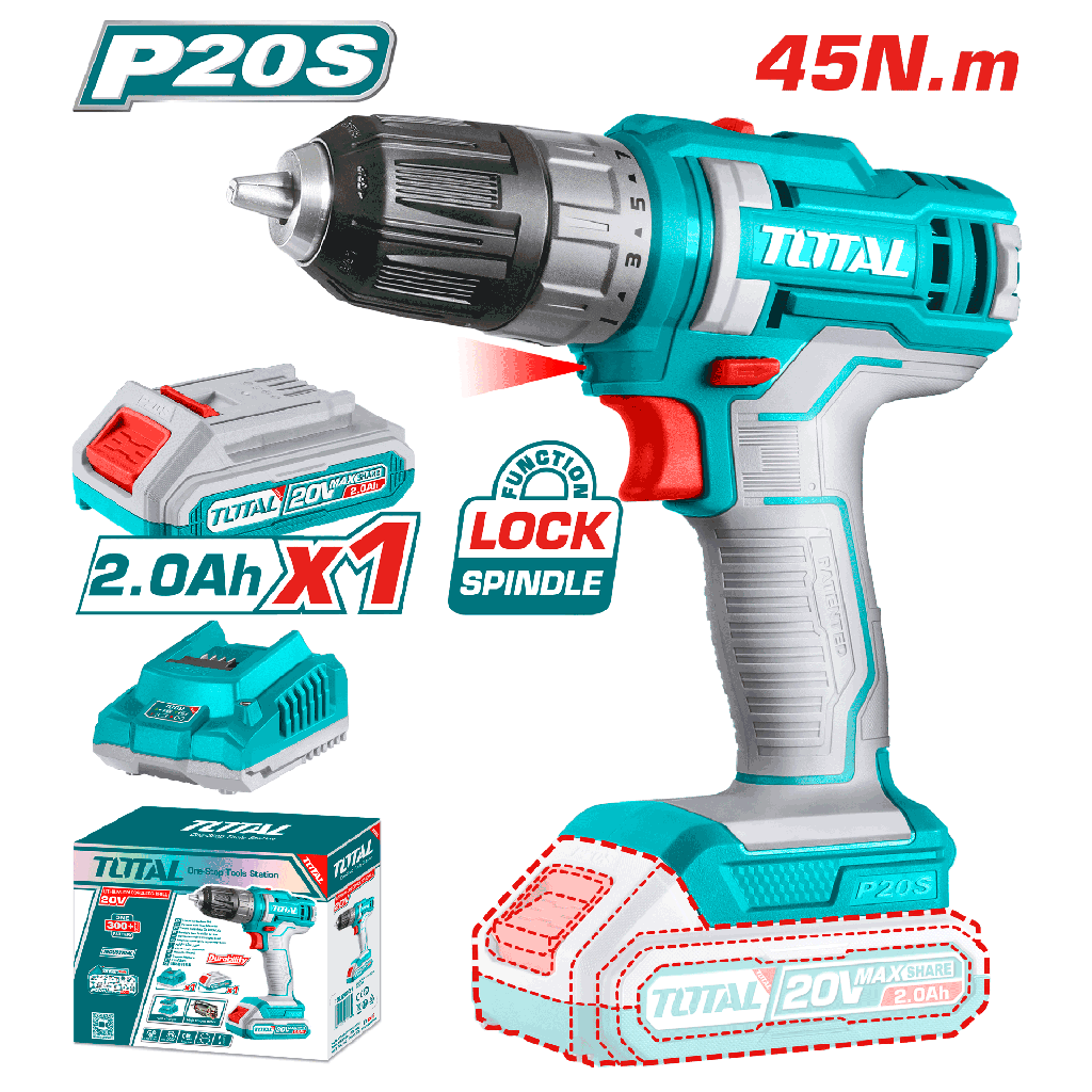 TALADRO INALAMBRICO 1/32/3/8" 20V INCLUYE 1 BATERIA 2.0Ah Y 1CARGADOR INDUSTRIAL TOTAL(UTDLI200518)