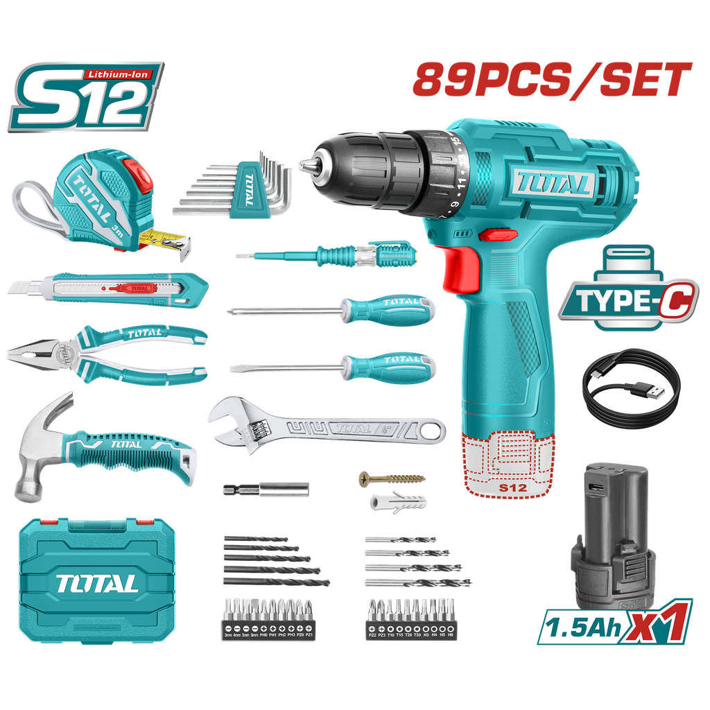 TALADRO INALAMBRICO 3/8 (10MM) + KIT DE HERRAMIENTAS 89 PZS TOTAL (THKTHP10892)