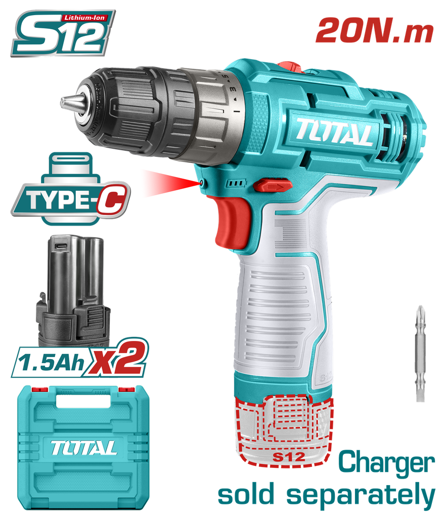 TALADRO INALAMBRICO 3/8 12V INCLUYE 2 BATERIAS ION DE LITIO  CARGADOR NO INCLUIDO TOTAL (TDLI12202)