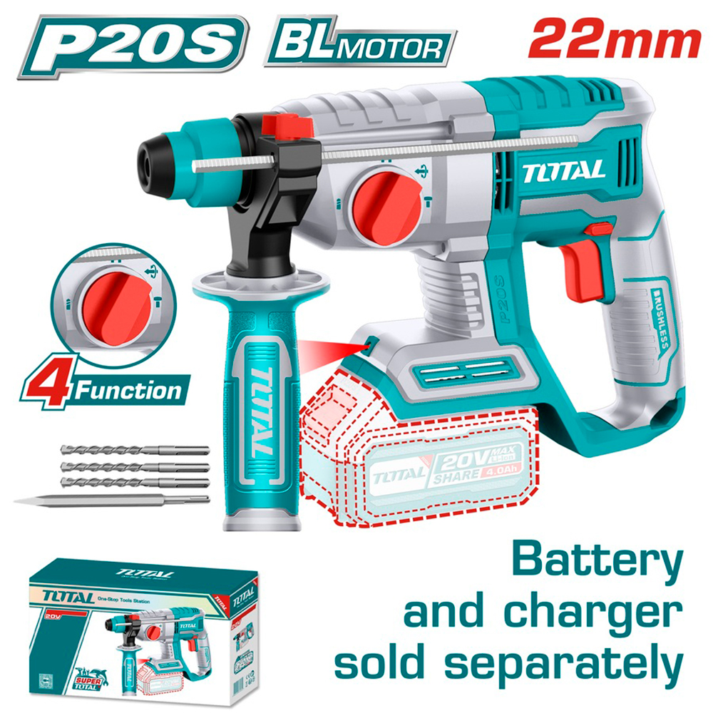 TALADRO ROTOMARTILLO INALAMBRICO SDS PLUS 20V 2.0 JOULES INDUSTRIAL INCLUYE 3 BROCAS Y 1 CINCEL BATERIA Y CARGADOR NO INCLUIDO TOTAL (TRHLI20208)