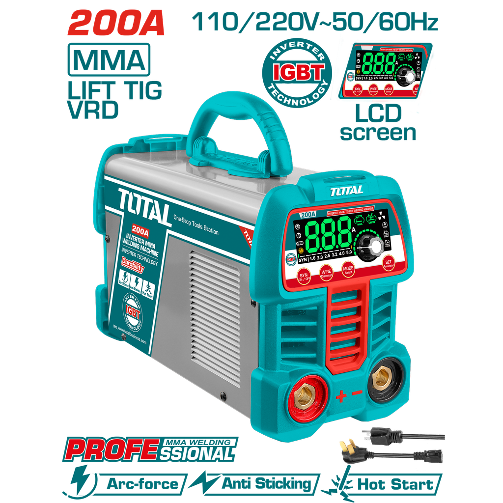 SOLDADOR INVERSOR DIGITAL 200A (MMA-LIFT TIG-VRD) 110-220V INDUSTRIAL SUPER TOTAL (UTW2200691)