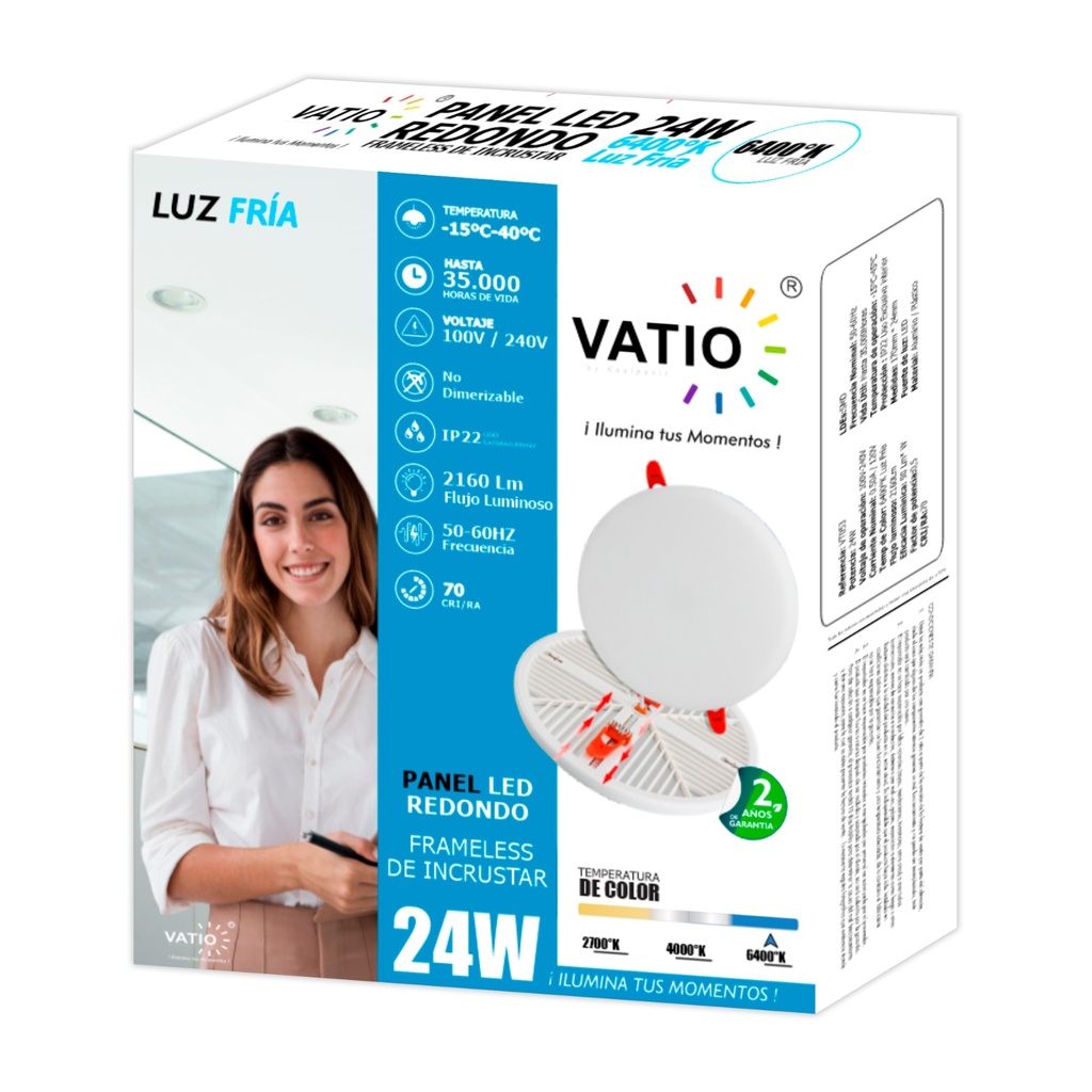 PANEL LED 24W REDONDO INCRUSTAR SIN MARCO LUZ DIA 6400K VATIO (24072)