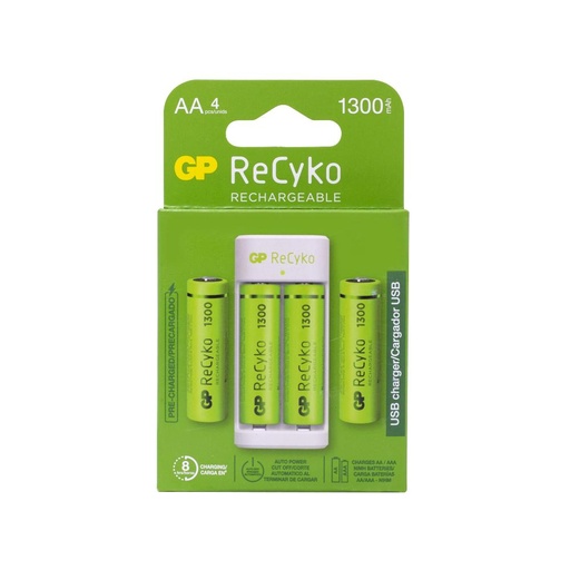 [16225] CARGADOR PILA GP USB CON 4 PILAS E211(4 PILAS AA 1300MAH)(GPPBE211130AAHC-2LAB)
