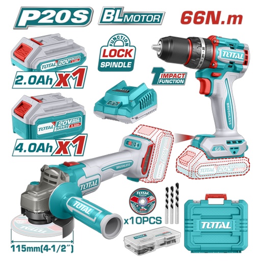 [21006] COMBO INALAMBRICO  TALADRO 1/2" 20V 66NM + PULIDORA 4 1/2" INCLUYE 2 BATERIAS 20V(4.0AH), CARGADOR 20V, 10 DISCOS DE CORTE Y ACCESORIOS TOTAL (UTCKLI20273)