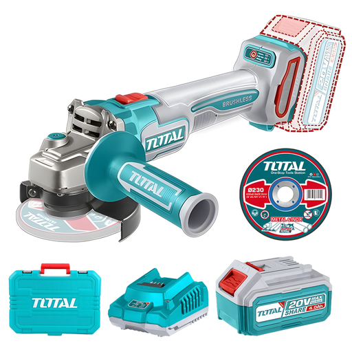 [20380] PULIDORA INALAMBRICA 4 1/2 INDUSTRIAL 20V 900W INCLUYE 10 DISCOS PARA CORTE DE METAL 1 BATERIA Y CARGADOR INDUSTRIAL, MOTOR SIN ESCOBILLAS TOTAL (UTAGLI211541)