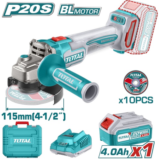 [20380] PULIDORA INALAMBRICA 4 1/2 INDUSTRIAL 20V 900W INCLUYE 10 DISCOS PARA CORTE DE METAL 1 BATERIA Y CARGADOR INDUSTRIAL, MOTOR SIN ESCOBILLAS TOTAL (UTAGLI211541)