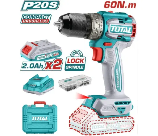 [20001] TALADRO ATORNILLADOR INALAMBRICO 1/2 20V 60NM INCLUYE 2 BATERIA DE 2.0AH, CARGADOR,47 ACCESORIOS TOTAL (UTDLI20602)
