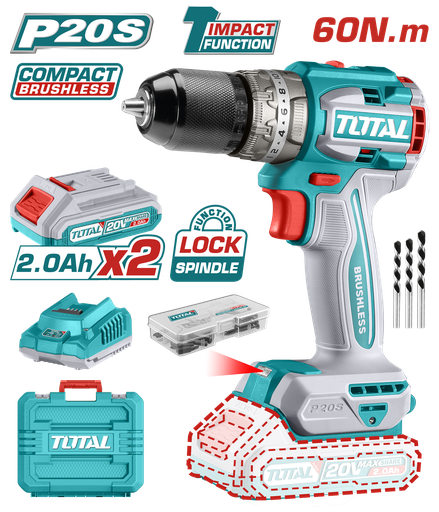 [20396] TALADRO DE IMPACTO INALAMBRICO 1/2 20V INCLUYE 2 BATERIA DE 2.0AH, CARGADOR,47 ACCESORIOS,3 BROCAS CONCRETO TOTAL (UTIDLI20602)