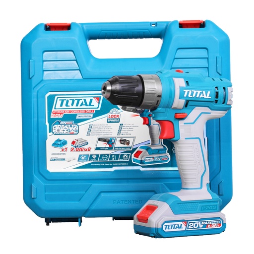 [18735] TALADRO INALAMBRICO 1/32/3/8" 20V INCLUYE 2 BATERIA 2.0Ah, 1CARGADOR Y 47 ACCESORIOS CAJA PLASTICA INDUSTRIAL TOTAL(UTDLI200528)
