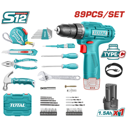 [20004] TALADRO INALAMBRICO 3/8 (10MM) + KIT DE HERRAMIENTAS 89 PZS TOTAL (THKTHP10892)
