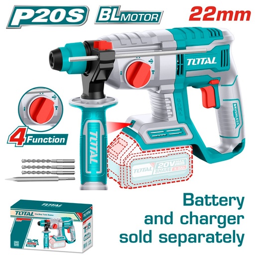 [20556] TALADRO ROTOMARTILLO INALAMBRICO SDS PLUS 20V 2.0 JOULES INDUSTRIAL INCLUYE 3 BROCAS Y 1 CINCEL BATERIA Y CARGADOR NO INCLUIDO TOTAL (TRHLI20208)