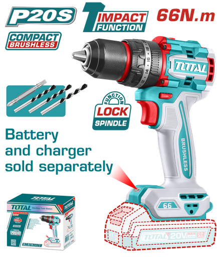 [21244] TALADRO PERCUTOR ATORNILLADOR INALAMBRICO 1/2 20V 66 NM BATERIA Y CARGADOR SE VENDEN POR SEPARADO, INCLUYE 4 ACCESORIOS INDUSTRIAL SUPER TOTAL (TIDLI206681)